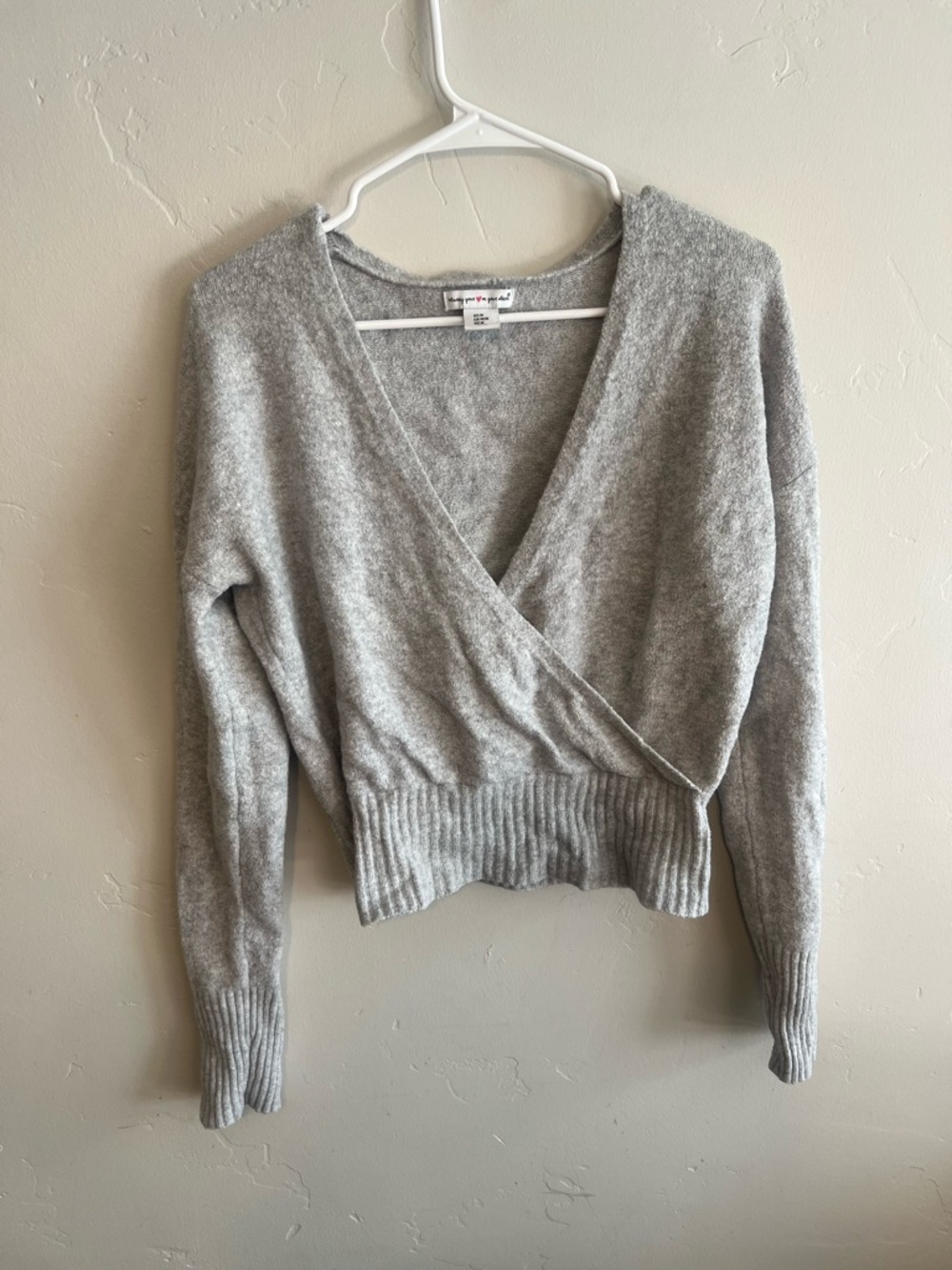 Cropped Gray V-Neck Wrap Sweater
